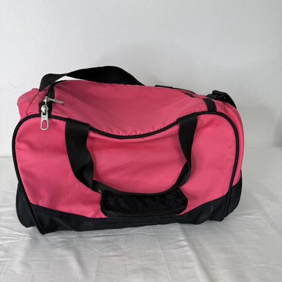 Nike Small Duffel Gym Bag Pink Black Shoulder Strap Swoosh Logo Polyester Sports - Picture 4 of 10